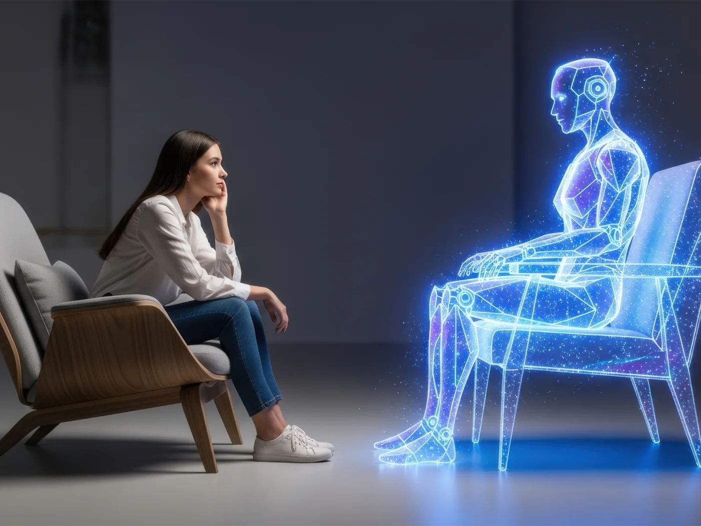 Woman interacting with ai robot hologram in future therapy