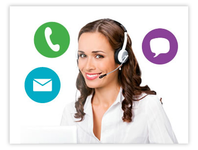 Customer service woman with chat, phone and email icons