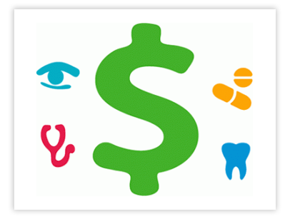 Infographic of dollar sign with medical icons around it