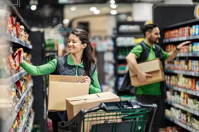 employees working together to stock shelves at a supermarket